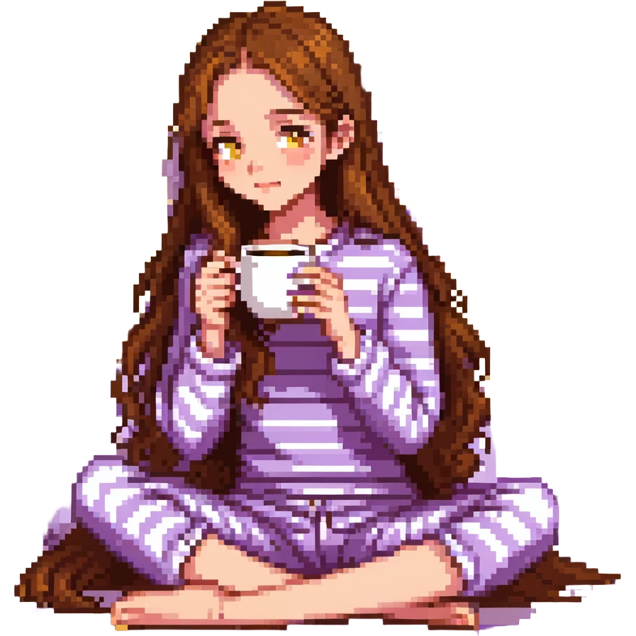 girl with long brown hair sipping coffee in purple striped pajamas emoji