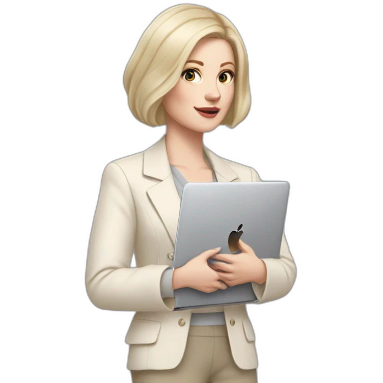 pale skin woman with ash blonde Straightened bob Hair, White Spacious classical jacket, beige palazzo Arrow pants and gray blouse holding a MacBook in the hands emoji