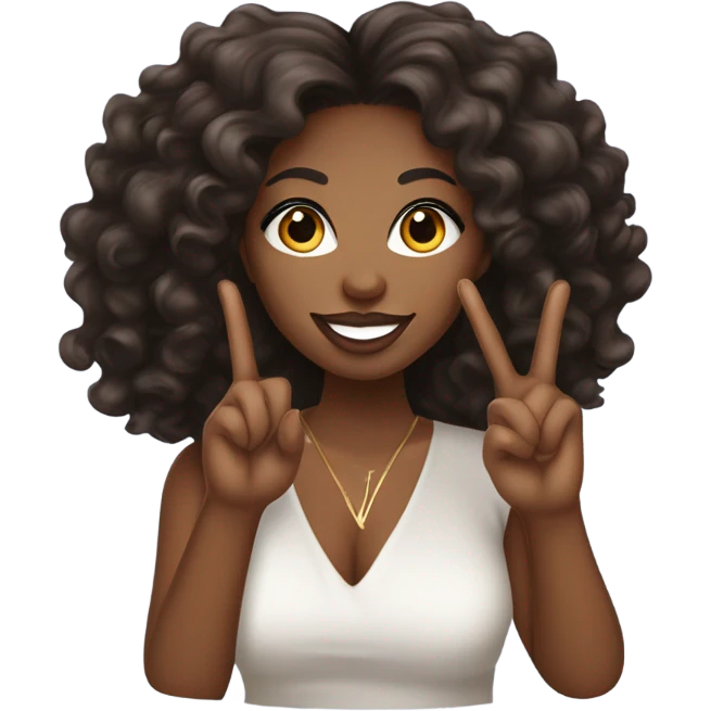 A thick African American woman with long lashes, lip gloss, long nails, and curly long hair, holding up a peace sign emoji