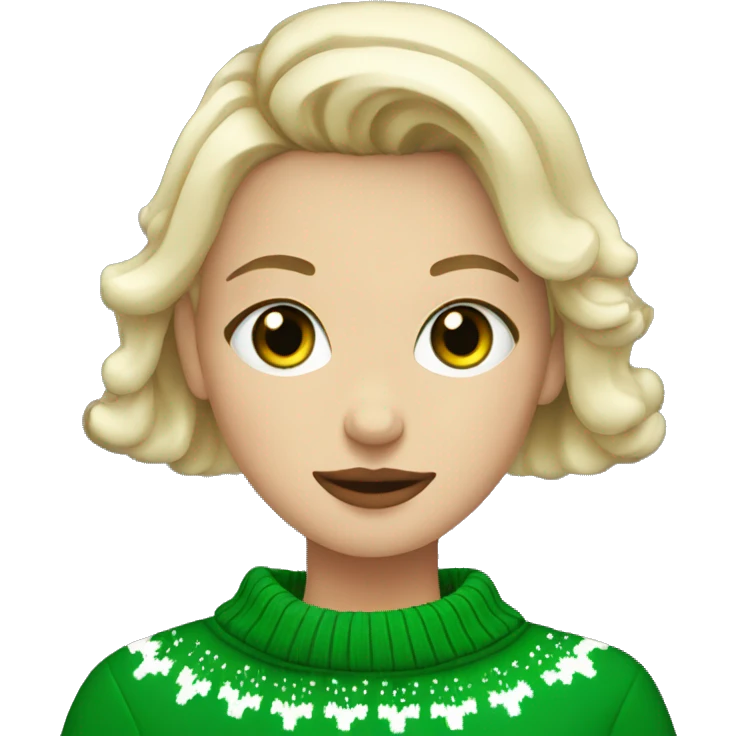 Short haired blonde girl with green eyes drinking coffee wearing Christmas sweater emoji