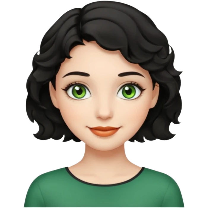 a girl with green eyes, short black wavy hair, natural clean girl makeup emoji