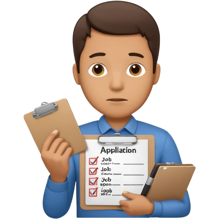 Man looking sad while holding a clipboard with a checklist that has a heading that says job application  emoji