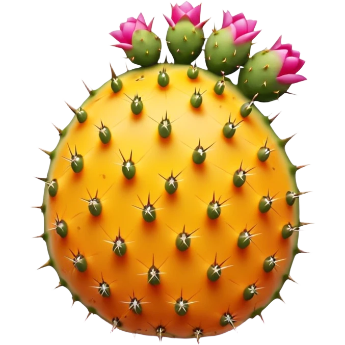one whole prickly pear fruit with slightly oval shape, smooth skin dotted with tiny subtle spines, skin color vibrant pink to yellow-orange, halved version reveals vivid magenta or golden pulp speckled with small seeds, no cactus pads, knife, or extras, soft lighting, subtle shadows, emoji scale emoji