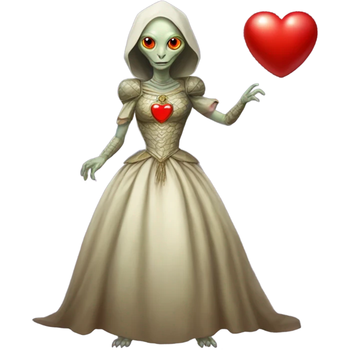 a Reptilian alien woman full body in Romanov dress, holding big red heart emoji