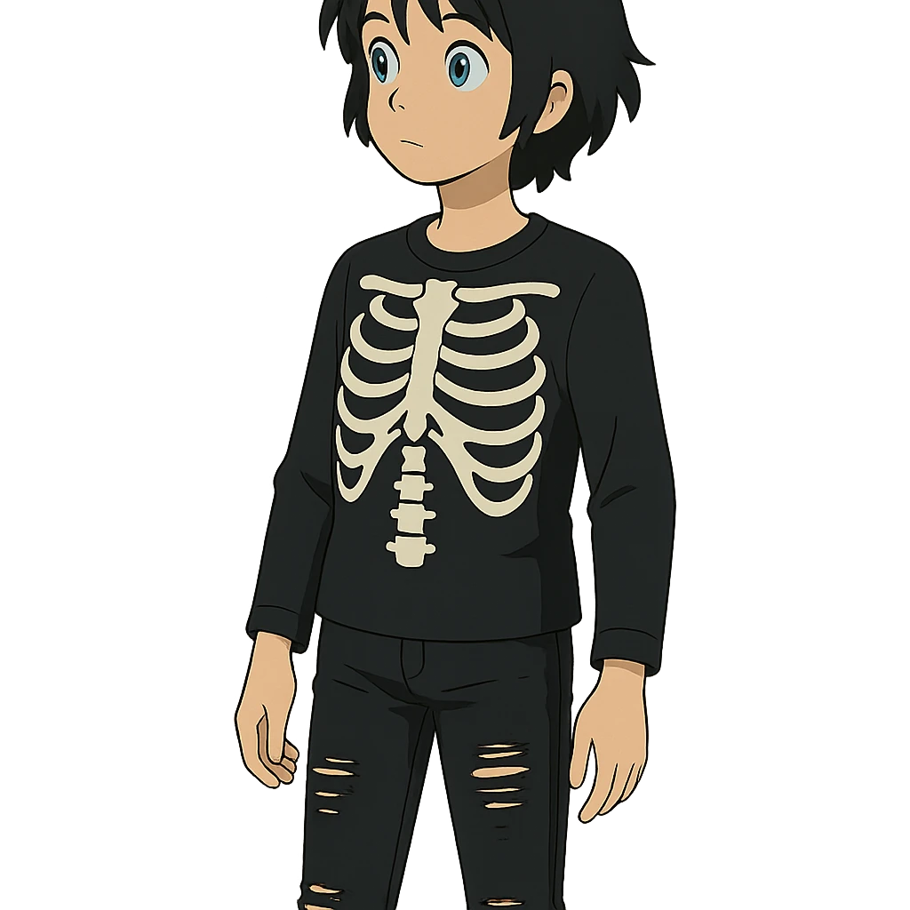 ghibli style black-haired, blue-eyed person wearing a black skeleton top and ripped black jeans emoji