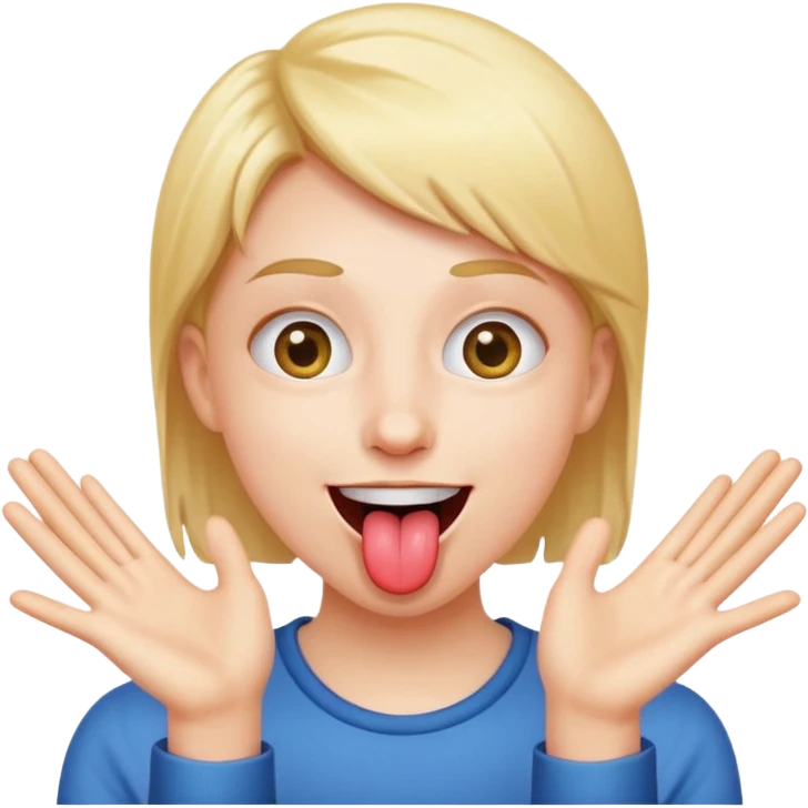 pessoa fazendo careta, com sorriso divertido, língua pra fora e mãos abertas próximas ao rosto emoji