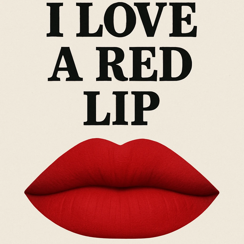 Replace the text with 'I love A Red Lip' while keeping the bold matte red lips and closed mouth style. Preserve the original font and layout. emoji