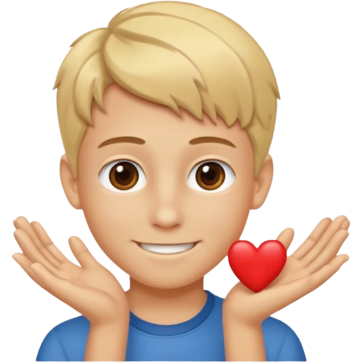 Un garçon blond aux yeux marrons de 13 ans qui tient avec ses mains un L avec des cœurs autour de son visage emoji