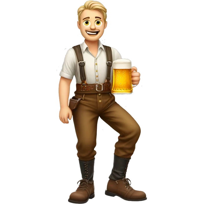 German man wearing Lederhosen, suspenders, haferl shoes holding a pint of beer in the hands emoji