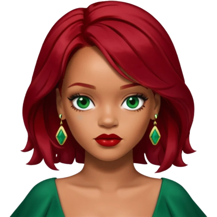 Rihanna dark red hair, green dress emoji