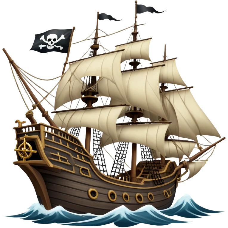 An icon representing an adventure game, inspired by high-seas exploration. The design features a fearless pirate gripping the wheel of a grand sailing ship, its tattered Jolly Roger flag billowing as it cuts through stormy waters. The scene evokes danger, treasure, and the thrill of the open sea. Transparent background. emoji