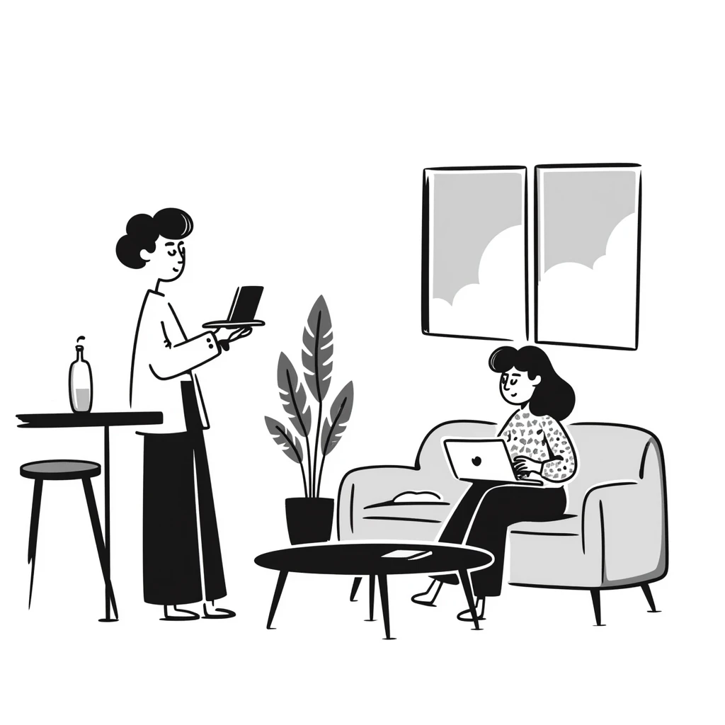 escenary 3d of a cozy mid-century living room with two people working on laptops, one man standing at a desk, and one woman sitting on a couch emoji
