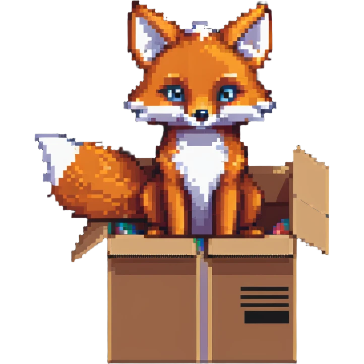 Playful fox sitting in a cardboard box, kids toy aesthetic, pixel art style emoji