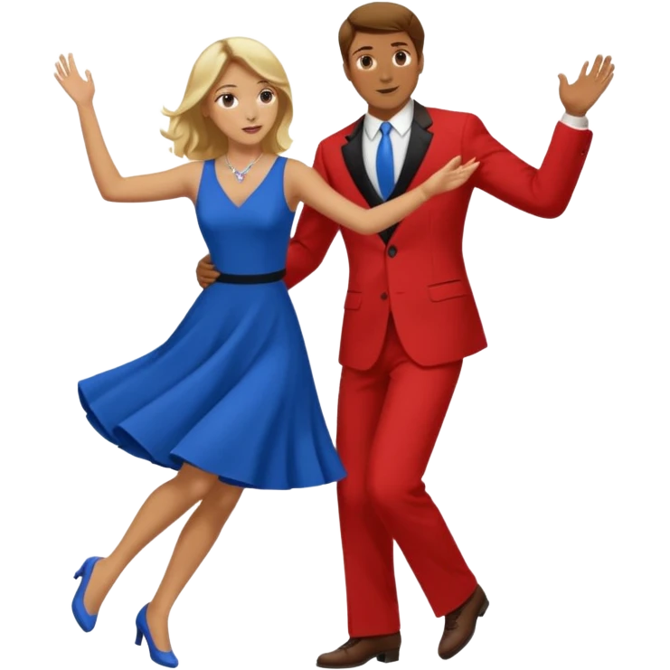 Two people. Man wearing all  RED with brown hair. Women  ALL blue with blond hair. Swing Dancing.  emoji