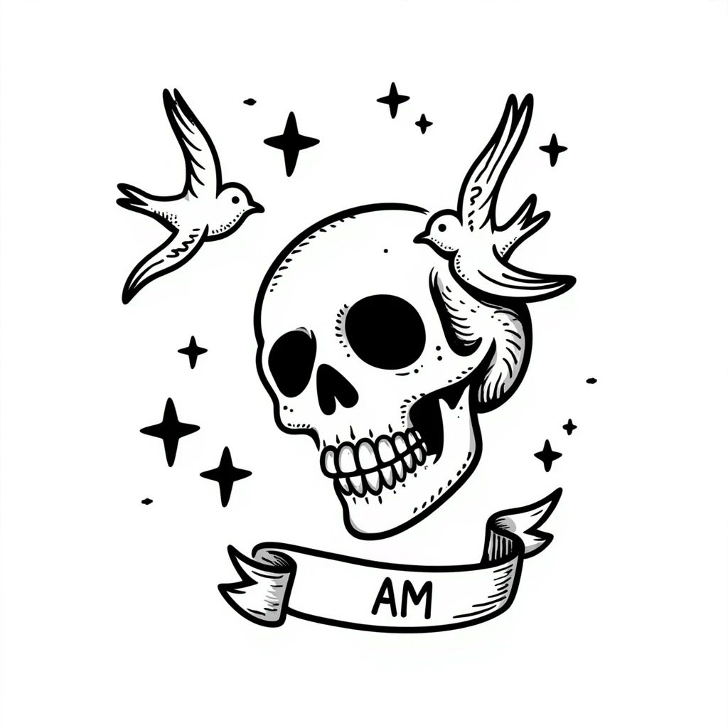 Old school Americana tattoo skull with nautical stars and swallows emoji