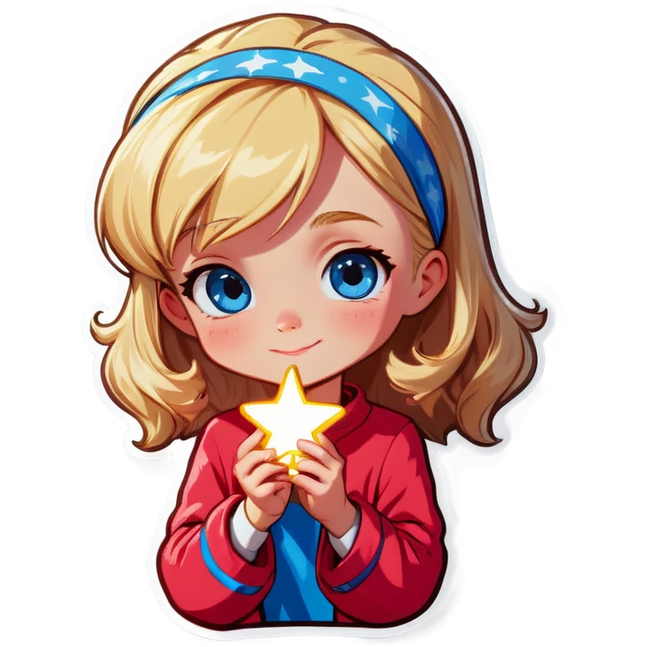 Blonde hair blue eyed girl making a wish on a star or love emoji