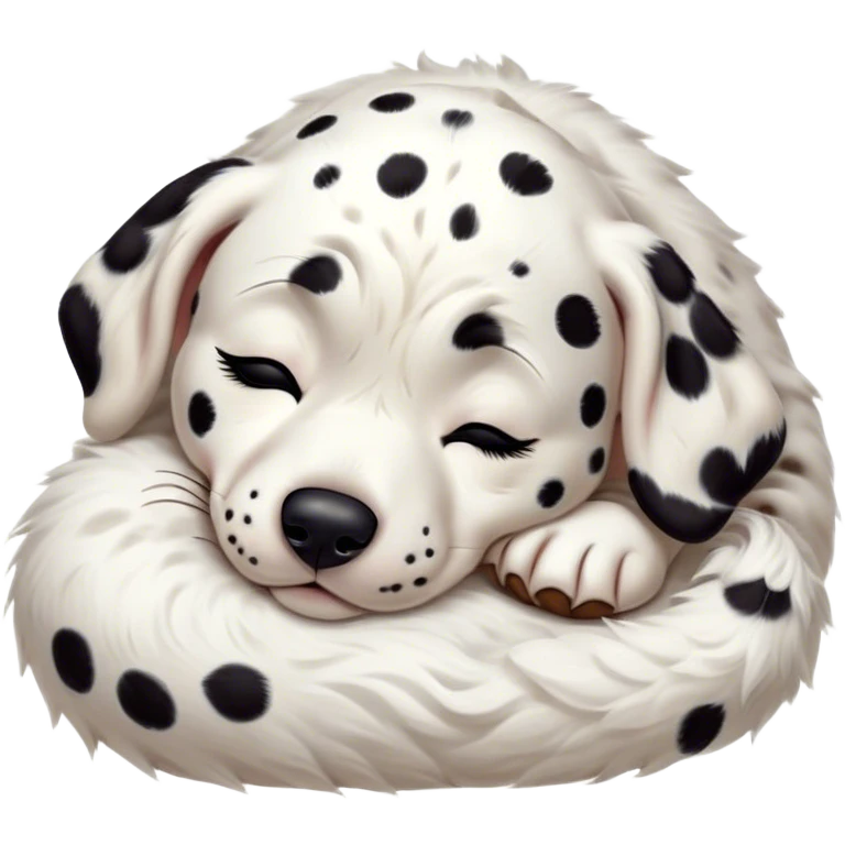 Meme-Worthy Cute Sleeping Spotted Dalmatian Portrait Emoji, Head resting peacefully with a contented smile, showcasing a delightfully majestic build and a luxuriously soft Fur of predominantly white with bold black patches, eyes shut in a serene nap, Simplified yet hilariously adorable features, highly detailed, glowing with a soft, drowsy light, high shine, relaxed and utterly lovable, stylized with an air of playful laziness, bright and heartwarming, soft glowing outline, capturing the essence of a comically sleepy guardian, so meme-worthy it feels like it could instantly become the next viral sensation of adorable slumber! emoji