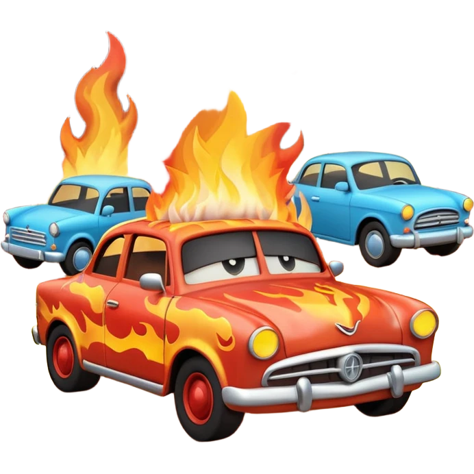 A 3D cartoon scene of cars on fire with smoke rising, chaotic atmosphere, realistic lighting, Memoji-style. emoji
