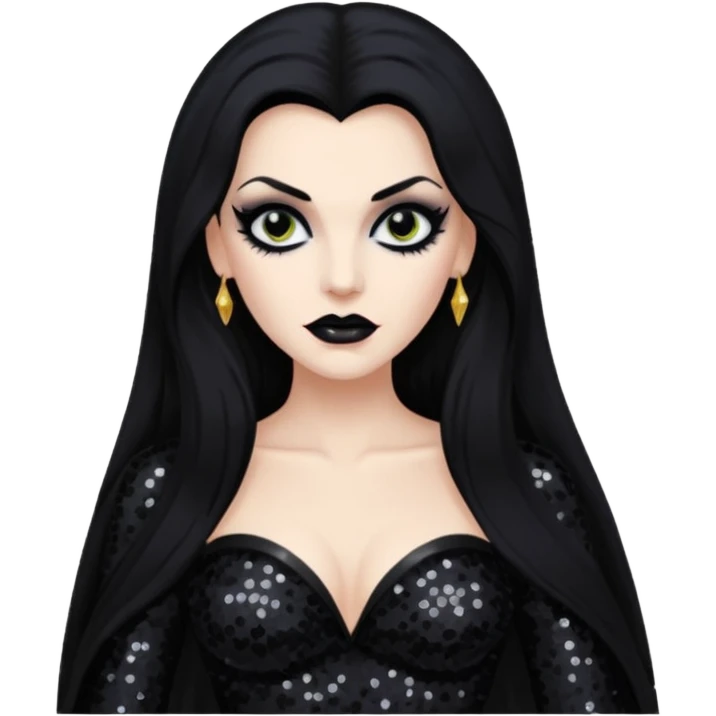 Vampira with long black hair, black sequin outfit emoji