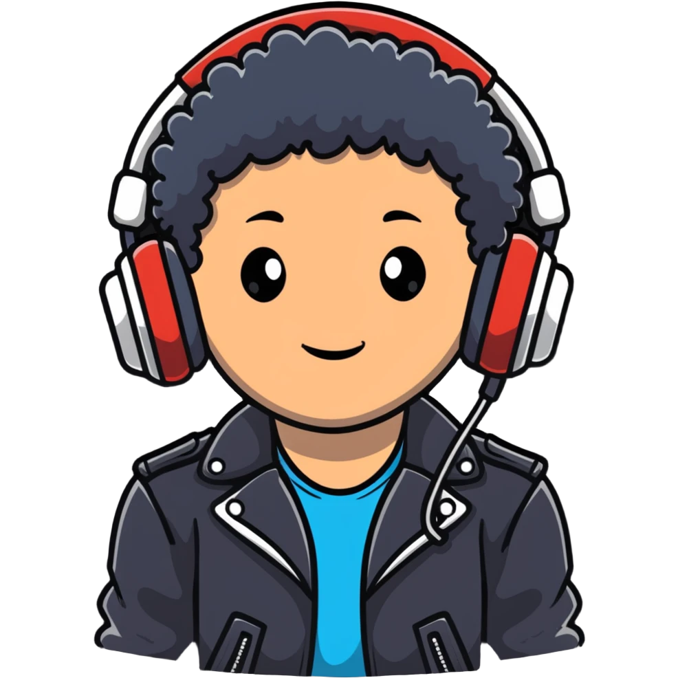 curly haired boy wearing a leather jacket and headphones music producer emoji