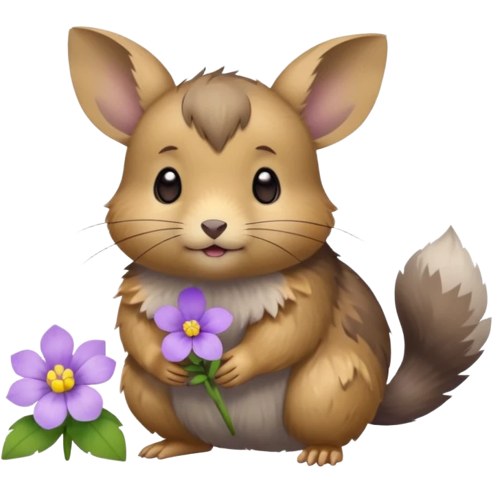 small round pika on all fours, turned at an angle, with a little light purple flower in its mouth emoji
