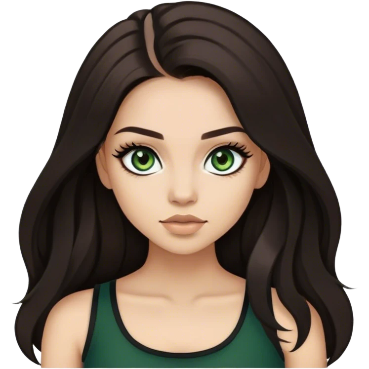 Woman with long dark brown hair, dark green eyes, big lashes, black croptop emoji