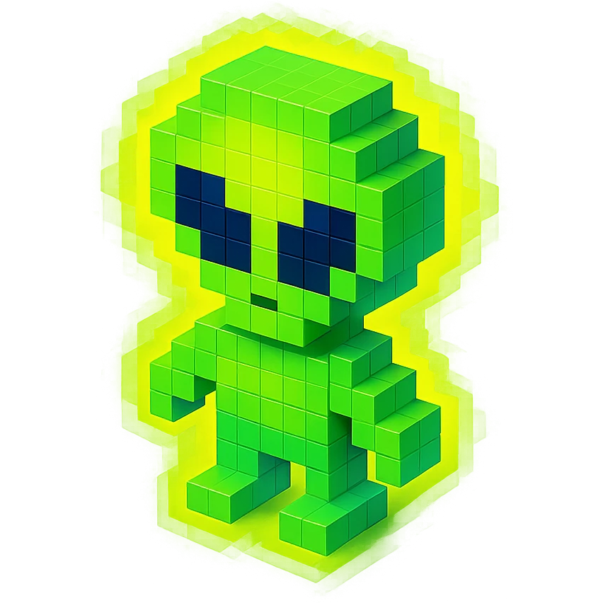 green alien with a glowing aura, isometric view emoji