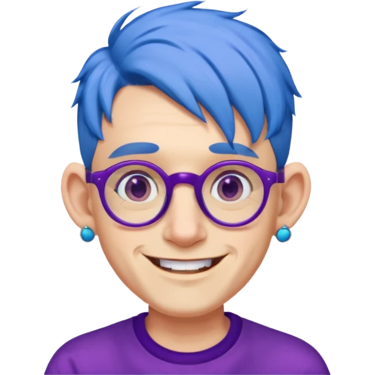 blue haired man with big ears and purple earrings and spectaclesi happy emoji