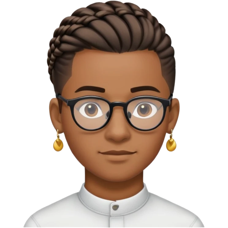 joven moreno con trenza pegada, bluao por los lados, arete y lentes negros, cabeza media redonda emoji