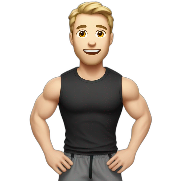 amazed Open with surprise mouth Pale skinned Fit Man With the biceps and dark brown hair in black shirt, gray sports shorts and white Sneakers emoji