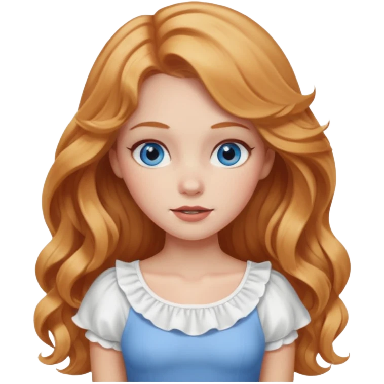 white girl with strawberry blonde super long wavy hair, white skirt, blushed cheeks emoji