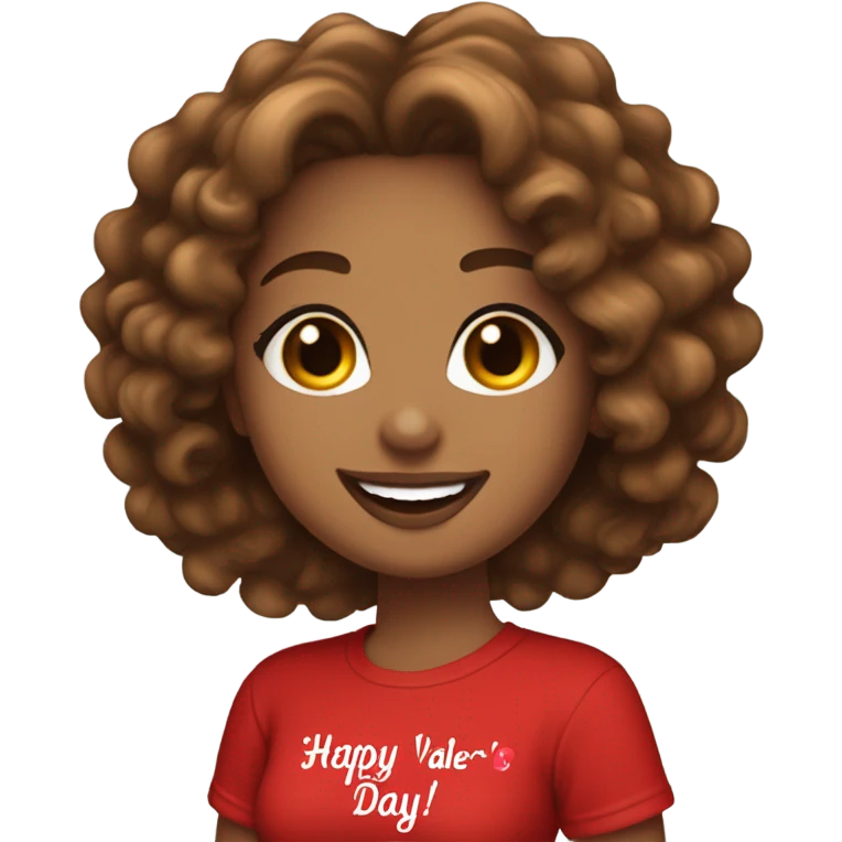 Light brown lady smiling, medium brown long curly hair, bright red lips, eyelashes, wearing red “happy Valentine’s Day” t shirt emoji