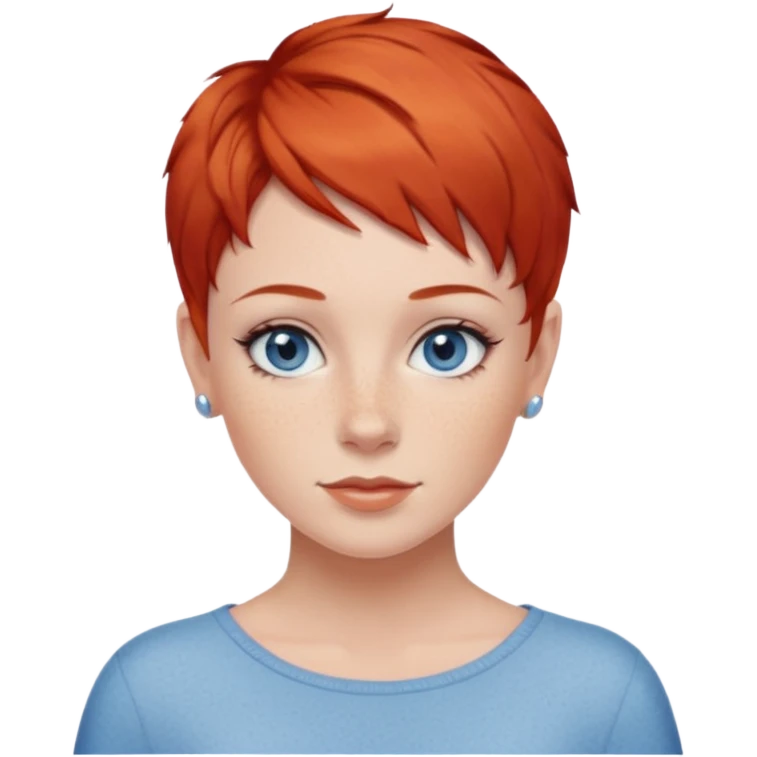 27 year old white woman, red hair, pixie cut, blue eyes emoji