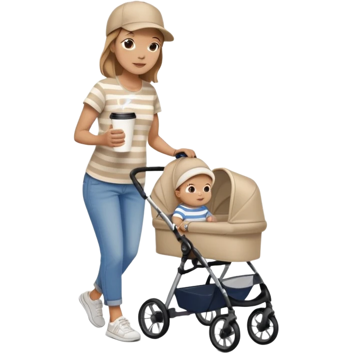 A mom with a brown stroller, a coffee cup attached to it. Inside, a 6-month-old baby boy with light brown hair and blue eyes. The mom is wearing a beige T-shirt and a matching beige cap. The baby is dressed in white sneakers, a white and blue striped T-shirt, and jeans emoji