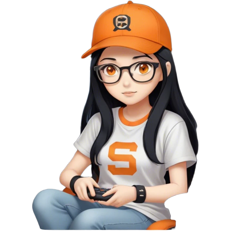 A cute anime girl with long black hair and orange eyes, wearing an oversized t-shirt and an orange baseball cap with a grey band on the front, sits in her gaming chair at night. This image serves as her profile picture on Steam. Wearing glasses with the awesome signature logo. emoji