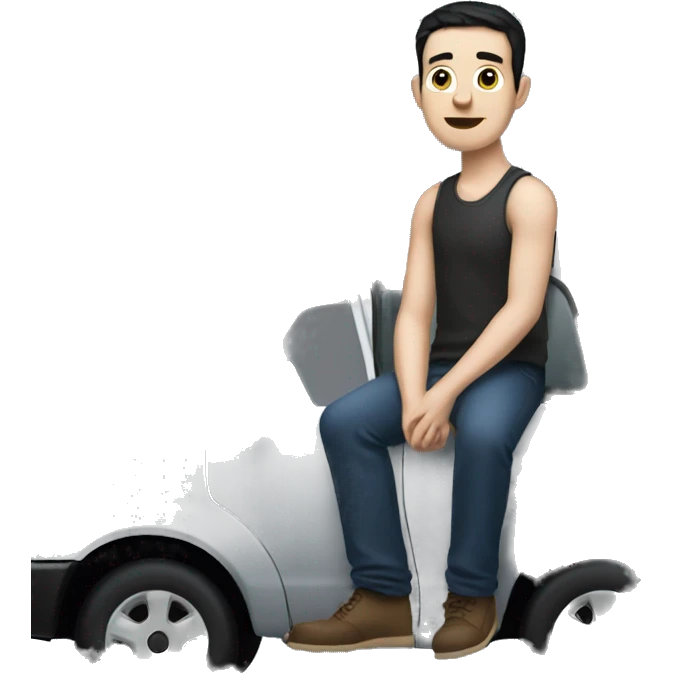A man with pale skin and black hair, sitting on top of a black Ford car emoji