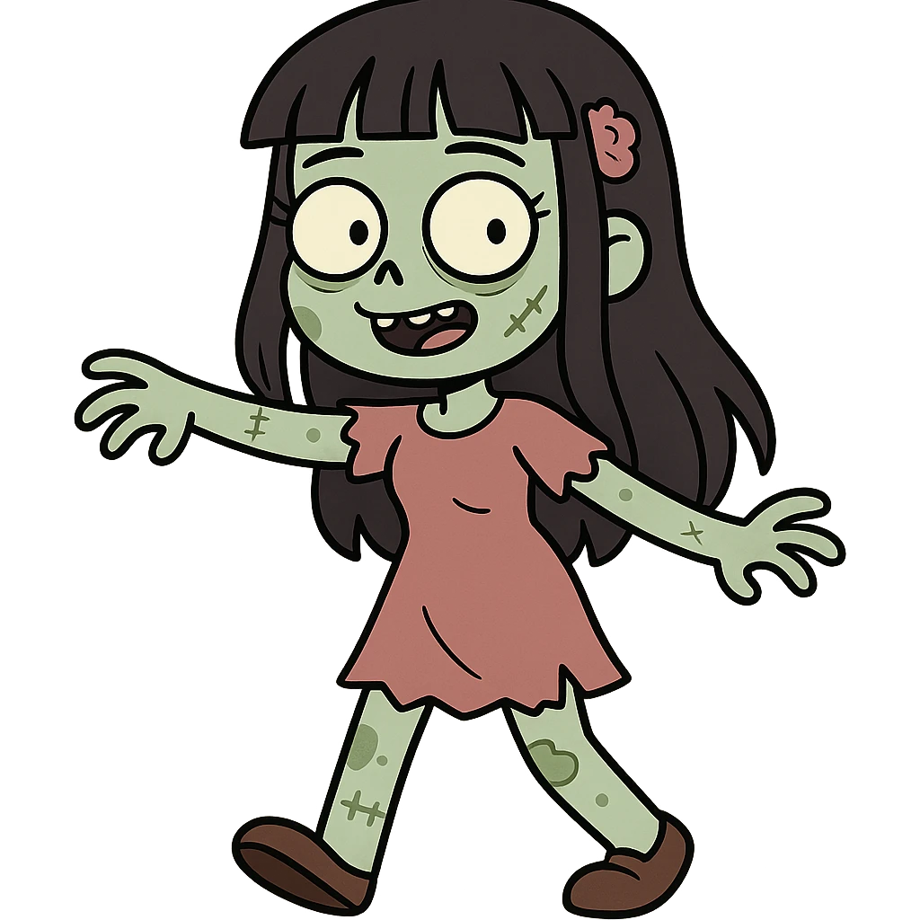 a zombie girl with black long hair and bangs, cute cartoon style, colorful, charming emoji