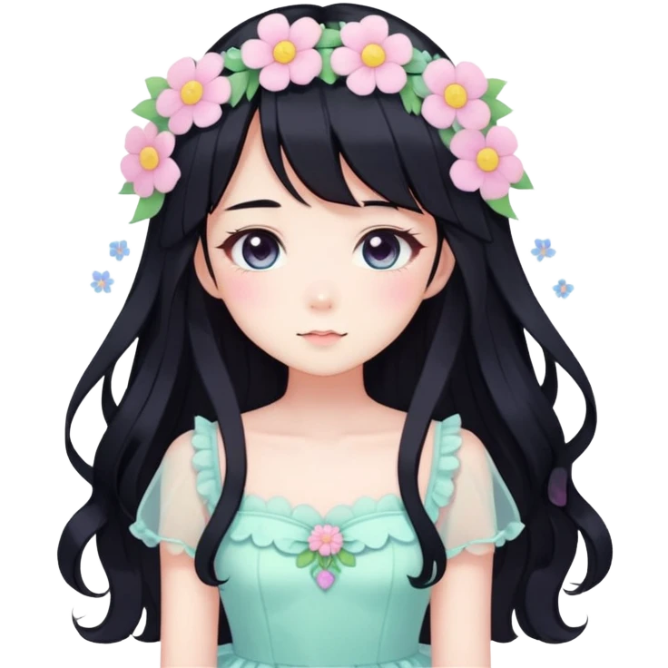 Kawaii anime lady with long black hair wearing a gorgeous pastel fairycore dress with flower details emoji