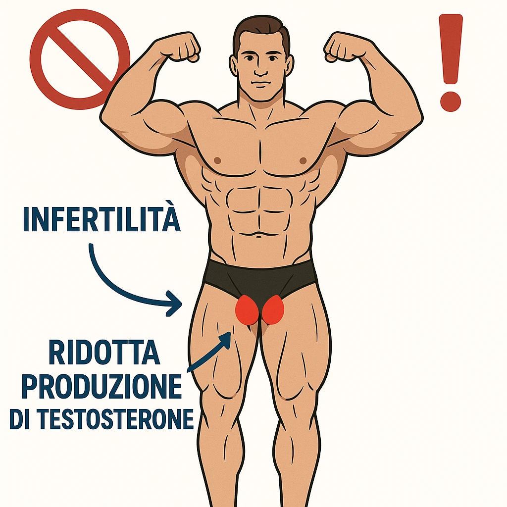 infographic in Italian of a bodybuilder with testicles highlighted in red, arrows indicating 'Infertilità' and 'Ridotta produzione di testosterone', prohibition symbol and red exclamation mark, educational style, white background emoji