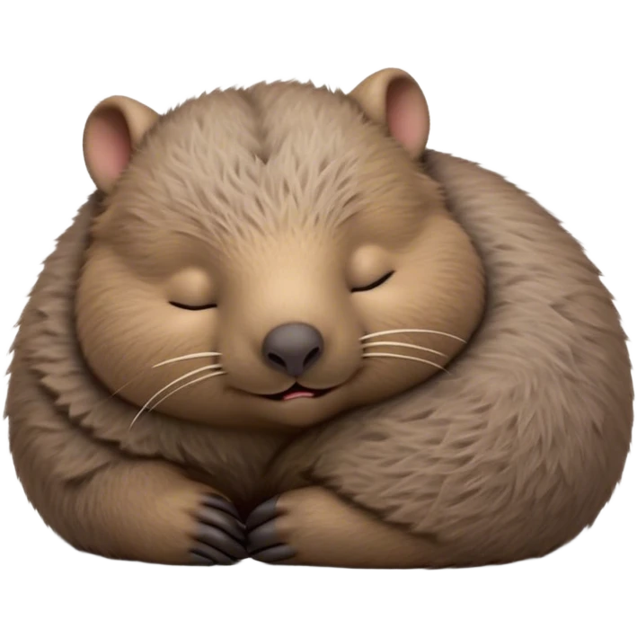 Meme-Worthy Cute Sleeping Wombat Portrait Emoji, Head resting peacefully with a contented smile, showcasing a robust, sturdy build and a luxuriously soft shaggy brown fur, eyes shut in a serene, restful nap, Simplified yet hilariously adorable features, highly detailed, glowing with a soft, drowsy light, high shine, relaxed and utterly lovable, stylized with an air of playful laziness, bright and heartwarming, soft glowing outline, capturing the essence of a comically sleepy wombat, so meme‐worthy it feels like it could instantly become the next viral sensation of adorable slumber! emoji