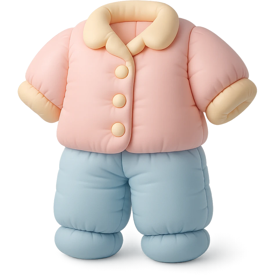 cushion style pajamas set with buttons and collar, cozy and rounded shapes, pastel palette emoji