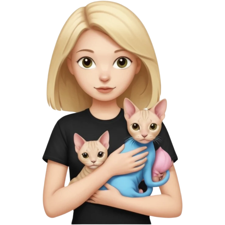 A white girl with light hair in black T-shirt is holding one Sphynx girl cat in her arms emoji