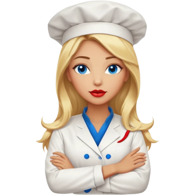 Beautiful, sexy,  long blonde hair, blue eyed, full red lips plunging v neck chefs coat, female chef arms folded  emoji