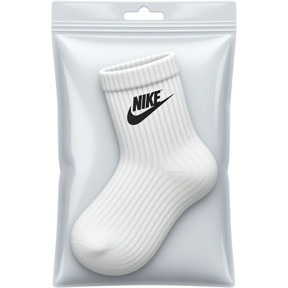 Photorealistic extreme close-up white ribbed Nike sock sealed inside vacuum bag, no air, glossy. emoji