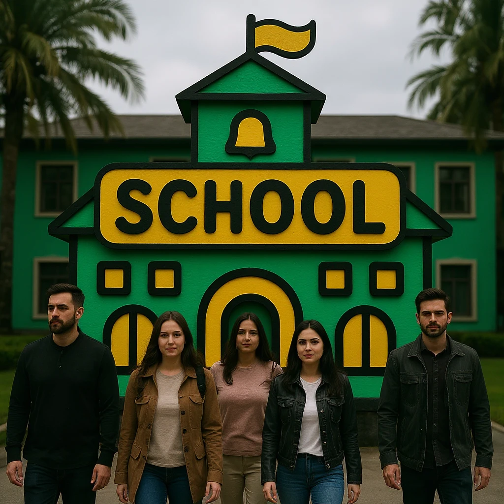 Add students walking in front of the school building in a professional style with a green, gold, and white color scheme. The design should be bold and clear, suitable for digital use, with no background. emoji