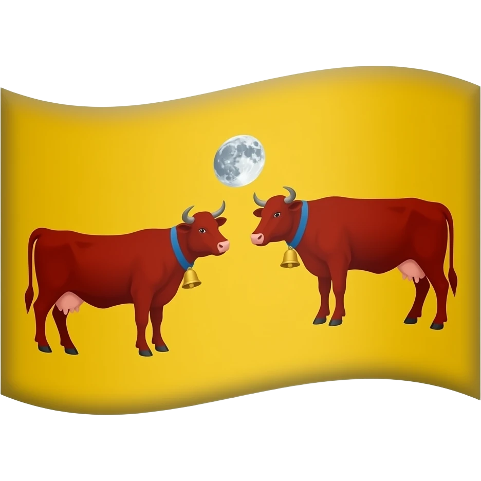 Drapeau jaune avec deux vaches toute rouge lune au dessus de lautre portant un collier bleu avec une cloche de ferme emoji