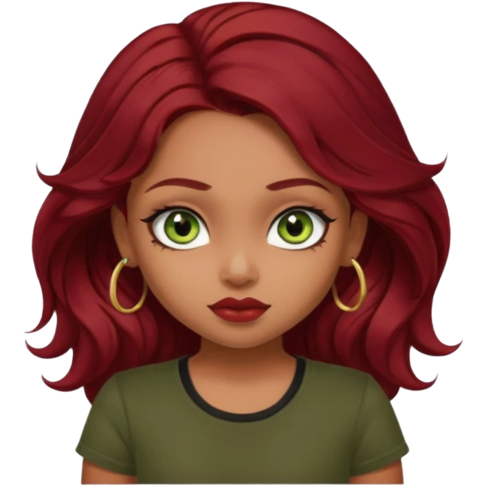 a pretty FAIR indian bratz girl with wavy dark red hair, wearing a black tee. eyeliner on, olive green eyes.  emoji