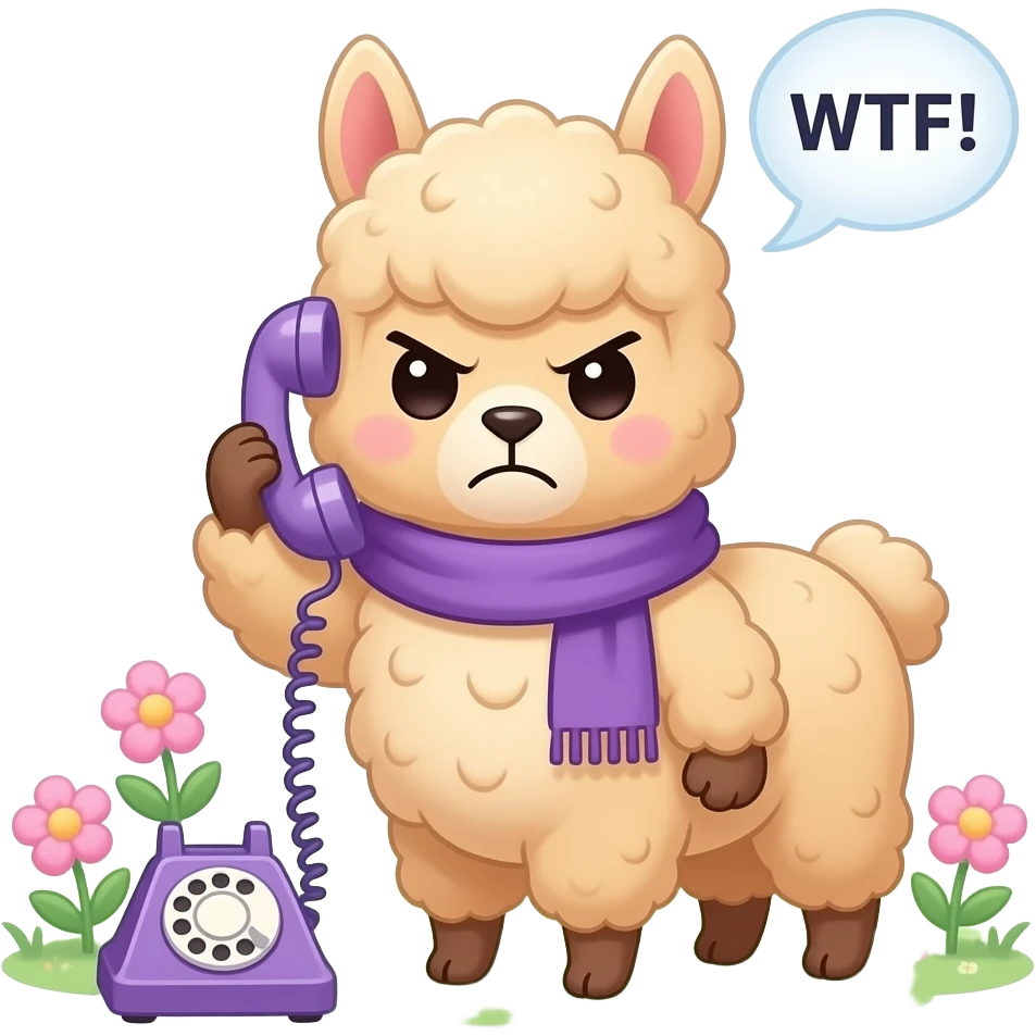 Cute chibi alpaca (from image_1.png) in purple scarf, intensely angry scowling face, one hoof holding a vintage rotary phone to its ear, "WTF!" speech bubble above head, pastel flower meadow background, anime art style. emoji