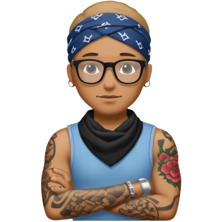 character with bandana and glasses and tattoed emoji
