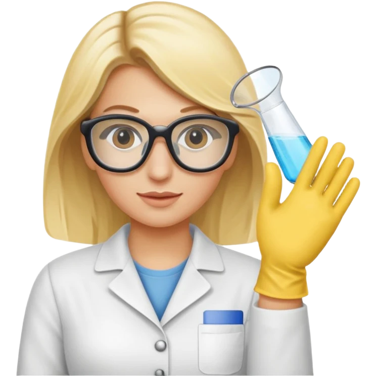 Eine hellblonde Chemikerin mit Kittel, Handschuhen, großer Labor-Sicherheitsbrille und typischem Erlmeyerkolben in der Hand, weißer Hintergrund emoji